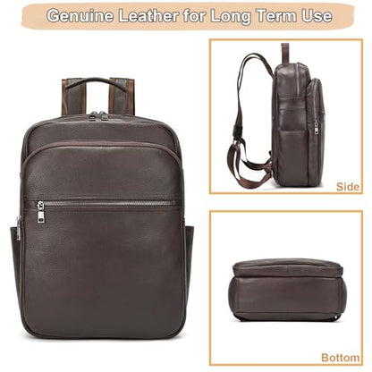 Genuine Leather 15.6 Inch Laptop Backpack for Men & Women, Business Commute Bag Daypack with Multi-Pockets for Travel Outdoor, Coffee Brown - color: Y80-17y-coffee