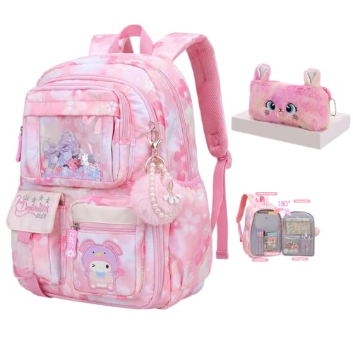 Lovely Kawaii Kids School Backpack For Girls – Splash-Proof Book Bag for Kids & Students, Multi-Pocket Children's School Bag, 17 Inch Pink - color: Pink