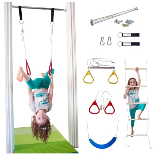DreamGYM Doorway Swing Kit fr Kids - Doorway Gym with Trapeze Bar Combo, Gymnastic Rings, Rope Ladder & Classic Belt Swing