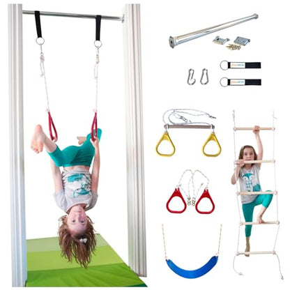 DreamGYM Doorway Swing Kit fr Kids - Doorway Gym with Trapeze Bar Combo, Gymnastic Rings, Rope Ladder & Classic Belt Swing