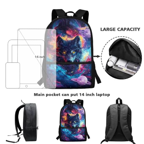 ZOUTAIRONG Bookbag for Teen Girls Mini Thermos with Carry Handle School Bags for Age 7-10/10-12/12-16, Art Galaxy Wolf Print Casual Backpack with Side Pockets - color: Art Galaxy Wolf