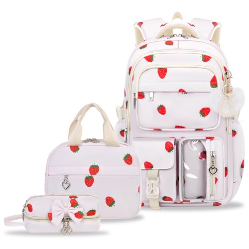Girls Backpack Set with Lunch Box & Pencil Case, Floral Print Girls School Backpack for Elementary/Middle/High School (Beige-Strawberry) - color: Beige-strawberry