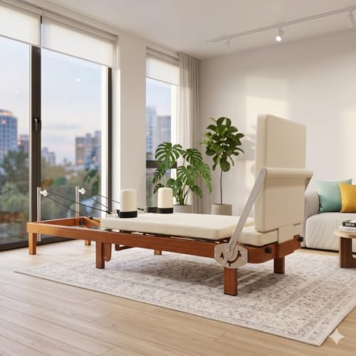 88" Foldable Pilates Reformer,Walnut Wood Grain Metal Frame, Dual Spring & Latex Resistance, Jump Board & Headrest, Adjustable Footbar Space-Saving Home Gym, Ideal - size: 88IN*21.3IN*11IN