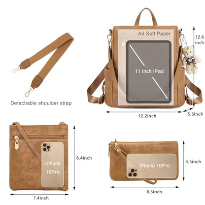 Soperwillton Women Fashion Backpack Purse Anti-Theft Leather Shoulder Bag Travel Multi Pockets Handbag Wallet Set 3pcs - color: Apricot