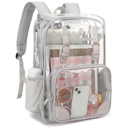 Fuyicat Clear Backpack Heavy Duty PVC Transparent Girls Kids School Backpacks Stadium Approved See Through College Bookbag for Women (Light Grey), Large - color: Light Grey