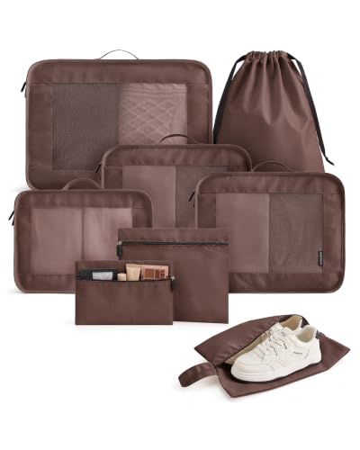 LIGHT FLIGHT 8 Set Packing Cubes for Travel, Durable Travel Essentials for Cruish Ship, Suitcase Organizer Packing Bags (8-Pack 1L+2M+1S+1Shoe bag+2Toiletry Bags+1Laundry Bag) - color: Coffee Brown