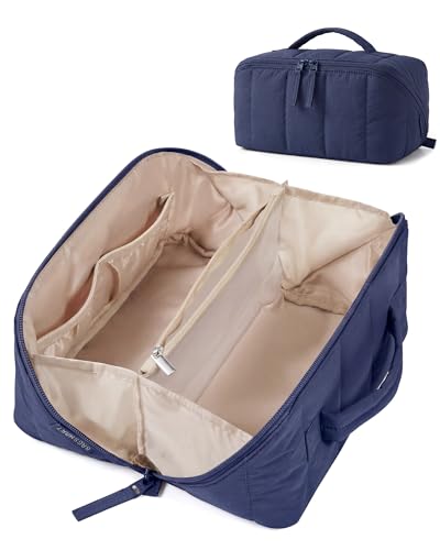 BAGSMART Travel Makeup Bag for Women, Portable Water-resistant Cosmetic Case, Puffy Padded Make Up Organizer Pouch, Open Flat Toiletry Bag for Toiletries, Brushes, Navy Blue - color: 02-Navy Blue