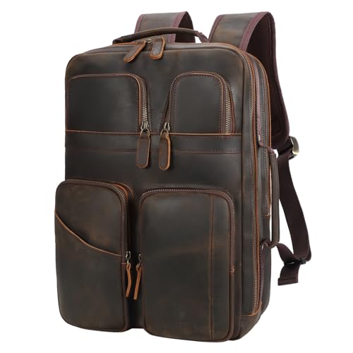 TIDING Full Grain Leather 15.6" Laptop Backpack for Men Multi Pockets Casual Daypack Business Travel Rucksack - color: Deep Brown