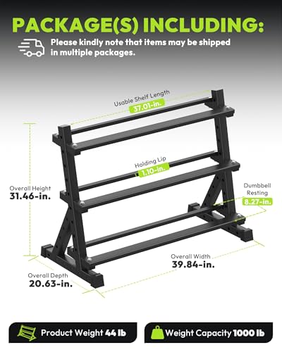 HANDBODE 3-Tier Dumbbell Rack Stand, 1000LB Capacity Storage Rack, Weight Rack for Dumbbells, Kettlebell, 390–700 lb Rubber Coated Fixed Weight Sets, Home Gym Strength Training Equipment - color: 390 lb Set (2.5-30 lb) *2 & Rack