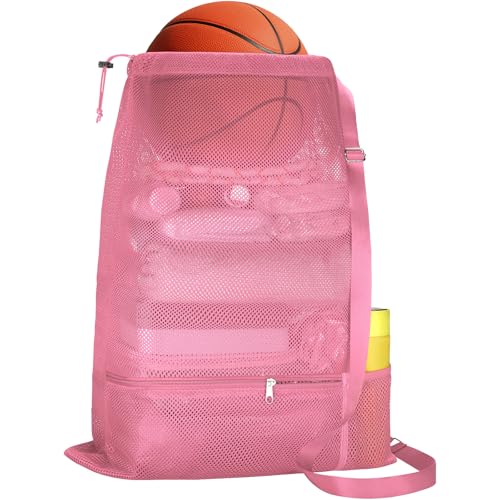 NATURAL STYLE Large Mesh Swim Beach Bag, Mesh Drawstring Gym Bag for Athletic Gym Sports Gear Workout Storge Beach Swiming (Pink) - color: Pink