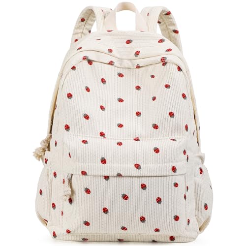 School Backpack for Girls, Corduroy Laptop Bookbag, 17inch Elementary Primary Preschool for Teen Girl, WomenTravel Casual Daypacks (Strawberry) - color: Beige Strawberry