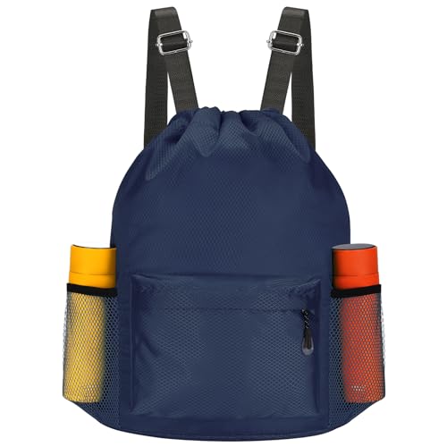 Waterproof Drawstring Bag, Lightweight String Backpack with Water Bottle Holder and Pockets, Gym Sports Cinch Sackpack (Blue) - color: Blue