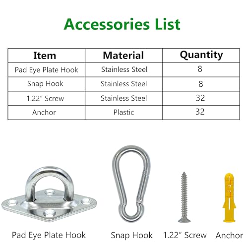 8 Pcs 304 Stainless Steel 2.31 Inches Pad Eye Hooks and 8 Pcs 304 Stainless Steel Snap Hooks,Screw Ceiling Hooks,Outdoors String Lights Hangers,Shade Sail Hardware with Screws Anchors - style: 2.3 Inches Rhombus Pad Eye with Snap Hooks