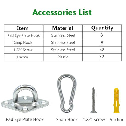 8 Pcs 304 Stainless Steel 2.31 Inches Pad Eye Hooks and 8 Pcs 304 Stainless Steel Snap Hooks,Screw Ceiling Hooks,Outdoors String Lights Hangers,Shade Sail Hardware with Screws Anchors - style: 2.3 Inches Rhombus Pad Eye with Snap Hooks