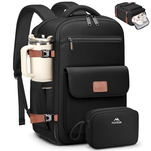 MATEIN Personal Item Backpack 18x14x8 for Frontier, Underseat Travel Backpack with Water Bottle Holder Fit 15.6" Laptops, TSA Approved Luggage Bag with Shoe Compartment for Airlines, 2 Pcs Set - color: Black