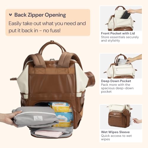 BabbleRoo Leather Diaper Bag Backpack, Multifunction Large Bags with Changing Pad & Stroller Straps & Pacifier Case, Unisex Stylish Travel Back Pack Nappy Changing Bag for Moms Dads (Coffee Cream) - color: Vegan Leather, Coffee Cream