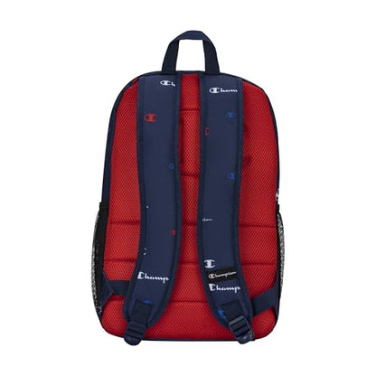 Champion Kids' Merit Backpack with Padded Straps, Water Bottle Pocket and Laptop Compartment for Daily Use, Navy/Champion Red, One Size - color: Navy/Champion Red