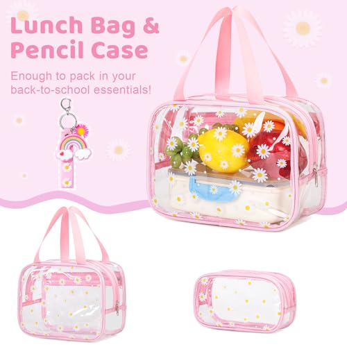 ACESAK Clear Backpack for Girls - 3 Pcs Clear Backpack Heavy Duty with Lunch Bag - See Through Bookbag Stadium Approved for Kids Middle High College School Sport Travel (Pink Daisy) - color: Pink Daisy