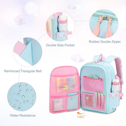 FIXITOK Girls Backpack Set, 3PCS Kids Backpack for Girls, Kawaii Bunny School Backpacks for Girl Kindergarten Elementary Preschool Middle School Bags with Lunch Box Pencil Case Aquamarine - color: Aquamarine