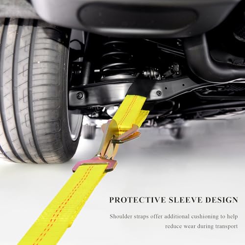 2" × 29" Premium Axle Tie Down Strap with D Rings, Heavy Duty Car Tire Wheel Tie-Down with Protective Sleeve, 6614 Lbs Adjustable Axle Tow Strap for Securing Vehicle Transport (Yellow) - color: Yellow