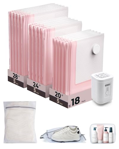 BAGSMART Vacuum Seal Storage Bags for Clothing Travel, 18 Pack Travel Essentials Bundle includes Laundry Bag & Waterproof Shoe Bag & TSA Approved Toiletry Bag, Hand Pump Included - color: Pink, size: 18 Combo Travel