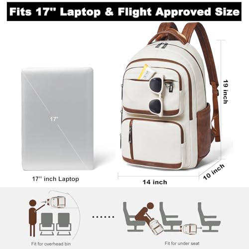 LATMAP Vegan Leather Backpack 17Inch Laptop Backpack for Women Travel Beige | Large capacity, laptop compartment, water-resistant, easy to wipe clean, TSA-friendly, with luggage strap & pickpocket-proof - color: Beige W/ Brown Trim