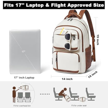 LATMAP Vegan Leather Backpack 17Inch Laptop Backpack for Women Travel Beige | Large capacity, laptop compartment, water-resistant, easy to wipe clean, TSA-friendly, with luggage strap & pickpocket-proof - color: Beige W/ Brown Trim