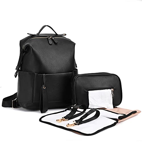 Diaper Bag Backpack Leather Backpack for Women Travel Baby Bag Mother Outdoor Backpack with Changing Pad Stroller Straps(2 pieces) Black - color: Black