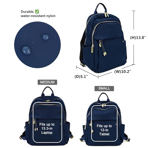M-ioi-M Small Backpack Purse for Women, Fashion Nylon Daypack with Gold Hardware, Lightweight Water-Resistant Casual Commuting Bag for Work, College, City Walks, Fits up to 12" Tablet(Navy Blue,Small) - color: Navy Blue,small
