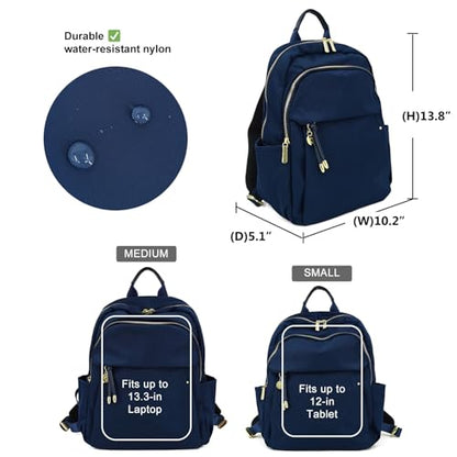 M-ioi-M Small Backpack Purse for Women, Fashion Nylon Daypack with Gold Hardware, Lightweight Water-Resistant Casual Commuting Bag for Work, College, City Walks, Fits up to 12" Tablet(Navy Blue,Small) - color: Navy Blue,small