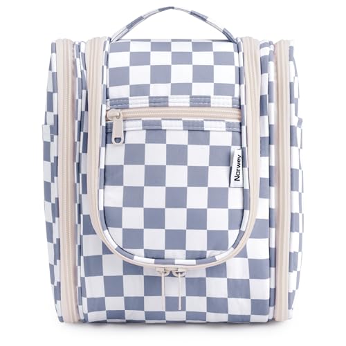 Narwey Small Checkered Hanging Travel Toiletry Bag for Women, Travel Bag for Toiletries, Makeup Bag Organizer Cosmetic Bags Make Up Bags for Women (Grayish Blue Checkerboard) - color: C-Grayish Blue Checkerboard, size: Medium