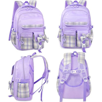 MCWTH Checkered Backpack for Teen Girls, Kawaii Cute Kids Elementary Student School Backpacks (Bow Purple) - color: Checkered Purple