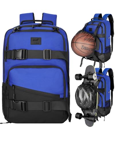 WOLT Skateboard Backpack, 15.6 Inch Laptop Backpack for Men Women, Sports Backpack with Ball Holder - color: Blue