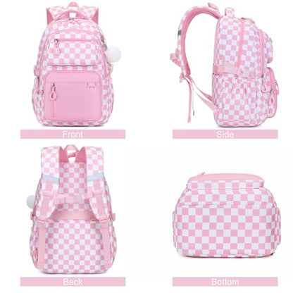 Bevalsa Backpack for Girls 3PCS Teen Girls Pink Backpack for School with Lunch Bag Pencil Case Cute Kids Laptop Backpacks Bookbag for Elementary Middle High School College Student (Checkerboard) - color: Pink Checkerboard