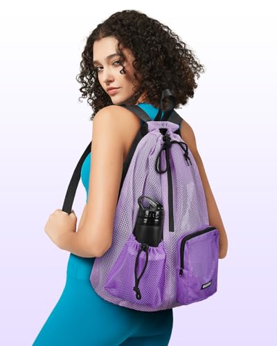 WANDF Swim Bag for Swimmers, Mesh Beach Backpack - color: Light Purple With 2 Front Pockets, size: Large