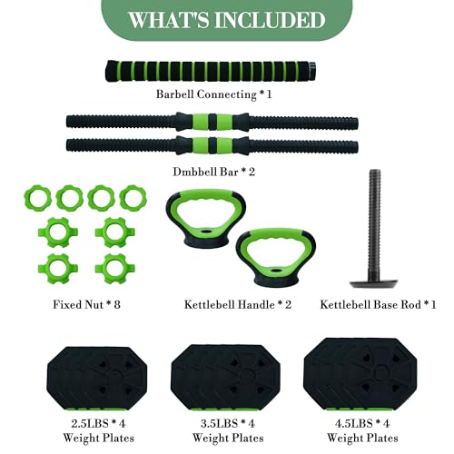 4-in-1 Adjustable Dumbbell Set, 44 lbs Weight Set Used as Dumbbell, Barbell, Kettlebell & Push up Stand, Multifunctional Home Gym Workout Equipment for Men & Women, Green