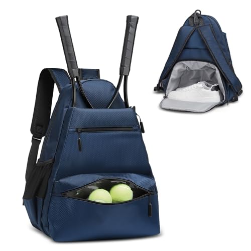 Tennis Backpack for Rackets, Waterproof Tennis Bag with Shoe Compartment, Wet/Dry Pocket, Fence Hook, for Tennis, Pickleball, Badminton - color: Blue