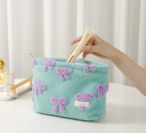 getgto 2 Pcs Makeup Bags, Large Cosmetic Bag Travel Toiletry Bag Organizer for Women, Plush Makeup Bag Small Cosmetic Pouch Purse with Zipper Gifts for Girls Teen - color: Girly green