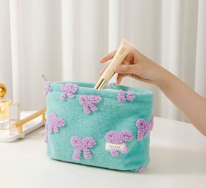 getgto 2 Pcs Makeup Bags, Large Cosmetic Bag Travel Toiletry Bag Organizer for Women, Plush Makeup Bag Small Cosmetic Pouch Purse with Zipper Gifts for Girls Teen - color: Girly green