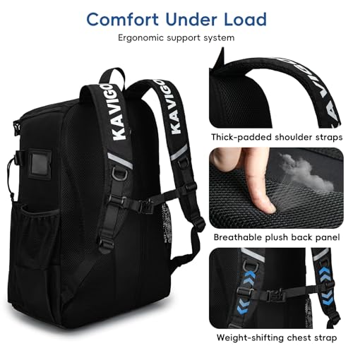 KAVIGOR Lacrosse Bag 65L, Extra Large Lacrosse Gear Backpack with Multi-Pocket Design, Helmet Holder & Ventilated Shoe Compartment - color: Black