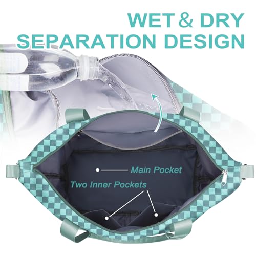 WOOMADA Weekender Bag for Women, Travel Duffel Bags with Shoe Compartment & Wet Pocket, Personal Item Bag for Airlines - color: Turquoise Checkerboard