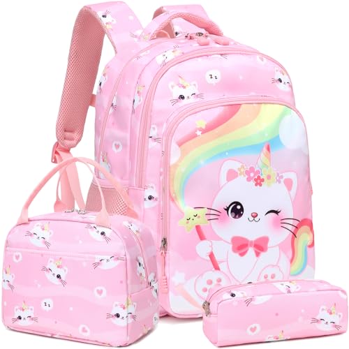 Girls Backpack for Elementary Kids School Bookbag Set Cute Unicorn Backpacks for Girls Water Resistant - color: Caticorn Pink