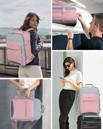 LOVEVOOK 40L Travel Backpack for Women & Men, Airline Approved Carry On Luggage with 3 Packing Cubes, TSA Overnight Bags, Waterproof Personal Item Bag, Weekender Essentials Backpacks fits 17" Laptop - color: Pink-light Grey-grey, size: Large