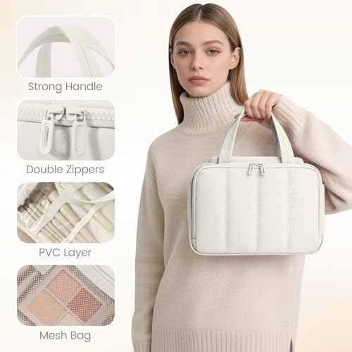 Travel Makeup Bag,Puffy Toiletry Bag for Women,Cosmetic Travel Bag Lightweight,Toiletries Organizer with Trolley Sleeve,White - color: White