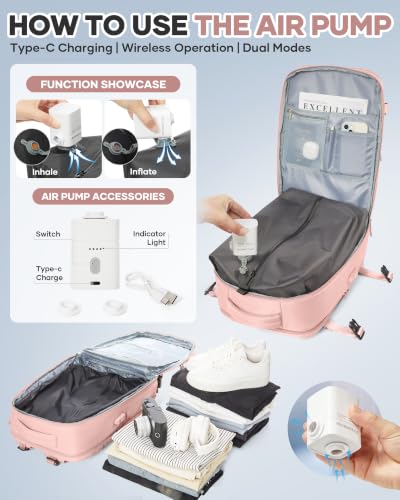 Vacuum Seal Travel Backpack with Air Pump Compression Waterproof Vacpack Carry On Backpack for Travel Daypack Women Men with Vacuum System Airlines Approved Vacpack Laptop Space Saver Bags Pink - color: B14-pink(with Air Pump)