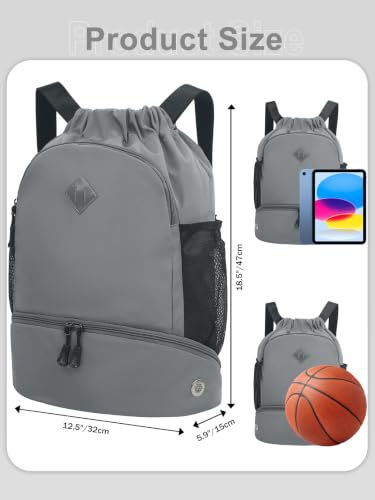 RHDZO Drawstring Backpack with Shoe Compartment and Wet Pocket, Large Gray - color: Large Gray, size: Large