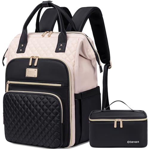 Otevan Lunch Backpack for Women, 15.6 inch Laptop Backpack for Women, Work Backpack with Lunchbox,Insulated Backpack Cooler,Teacher Nurse Travel Backpack for Women, Beige/Black, 24009 - color: Beige/Black