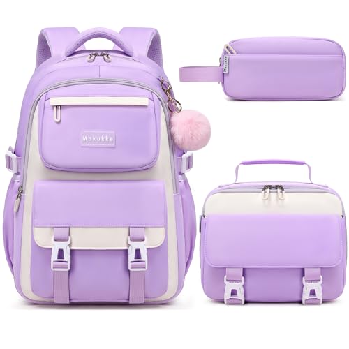 Makukke School Backpack for Girls Book Bag Set, School Bag for Teens Girls Kid Children Elementary Middle School Student, Waterproof Purple Backpack - color: Purple