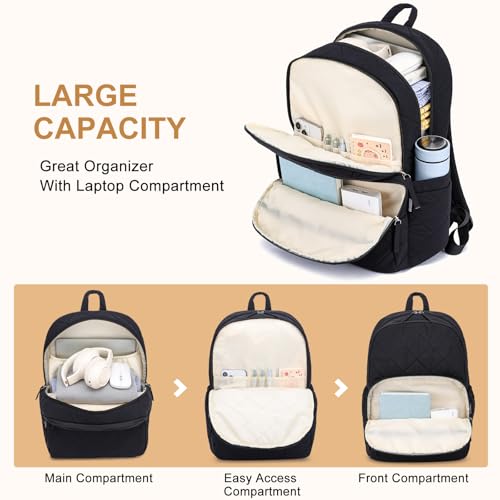 ZUBOND Backpack for Men and Women, School Backpack for Boys Girls, Quilted Casual Travel Daypack, Water-Resistant Bookbag for 15.6 Inch Laptop, Black - color: Black
