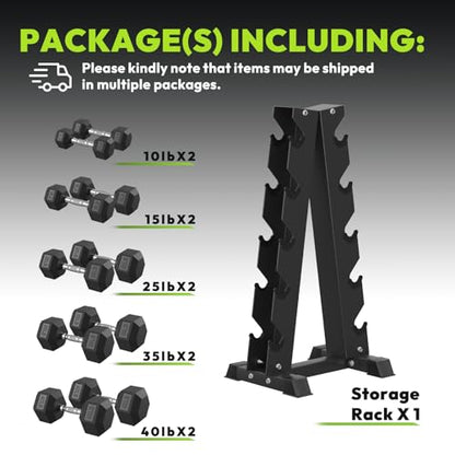 HANDBODE Rubber Coated Hex Dumbbell Set with A-Frame Rack, 100 lb - 600 lb Multiple Options Weight, Hexagon Non-Rolling Shape, Ergonomic Knurled Handle, Home Gym Equipment for Strength Training - style: 250 lb (10, 15, 25, 35, 40 lb) X 2 & Rack